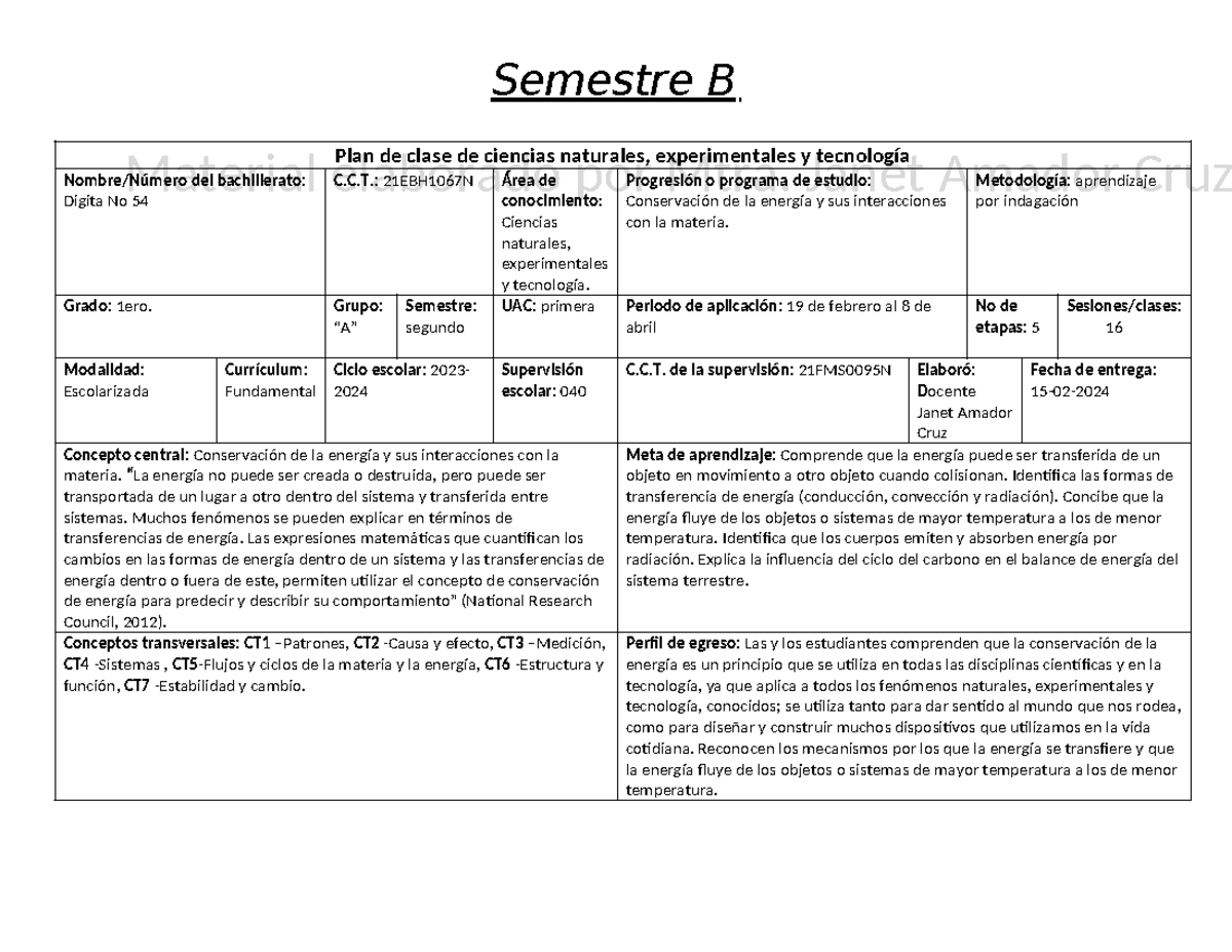 Plan de clase la conservación de la energía y sus interacciones con la