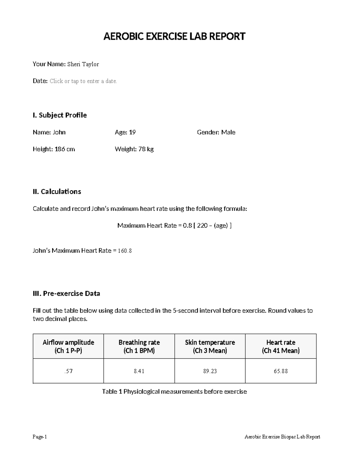 Aerobic Exercise Lab Report Form - AEROBIC EXERCISE LAB REPORT Your ...