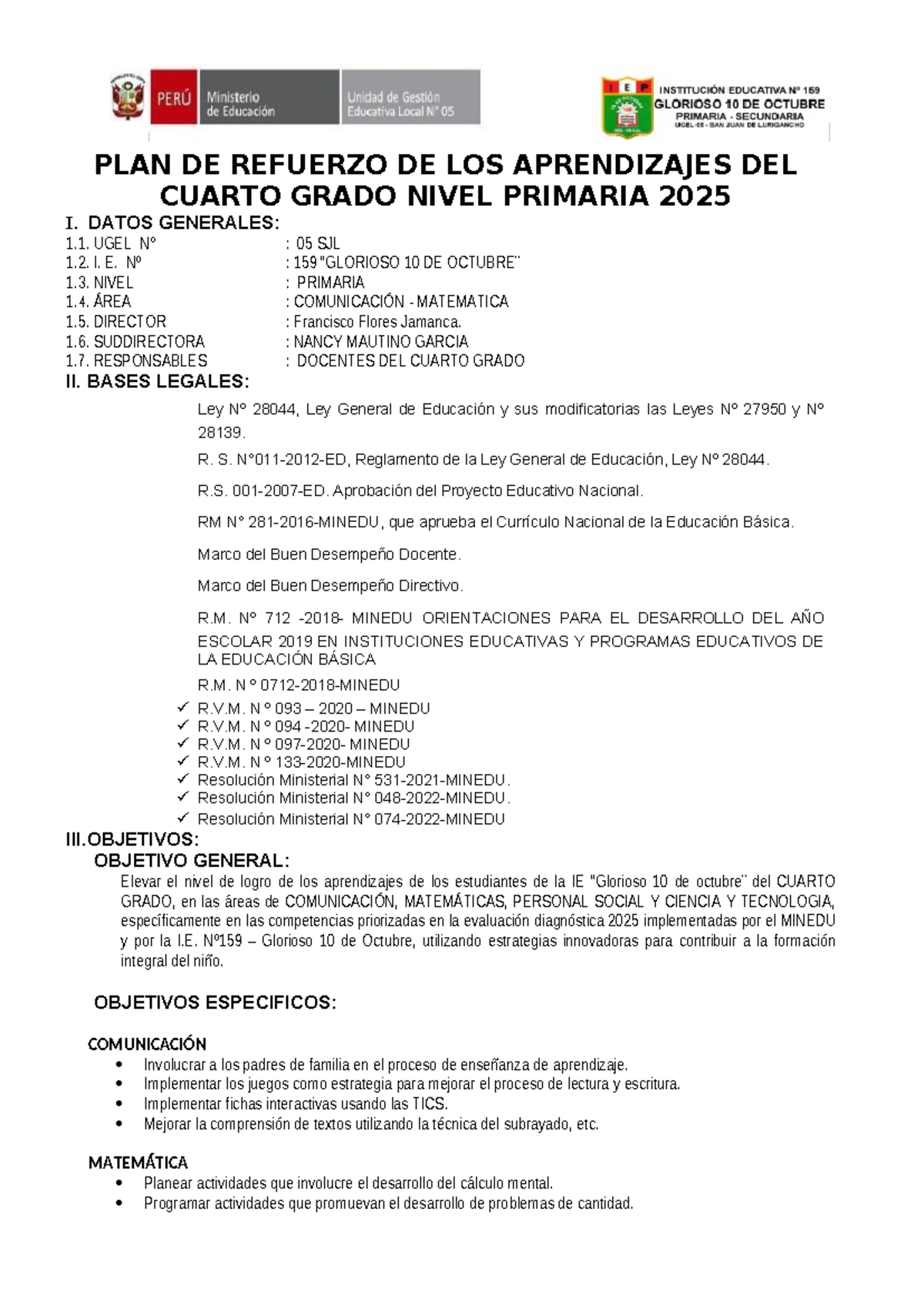 PLAN DE MEJORA DE APRENDIZAJES CUARTO GRADO 2025 - Studocu