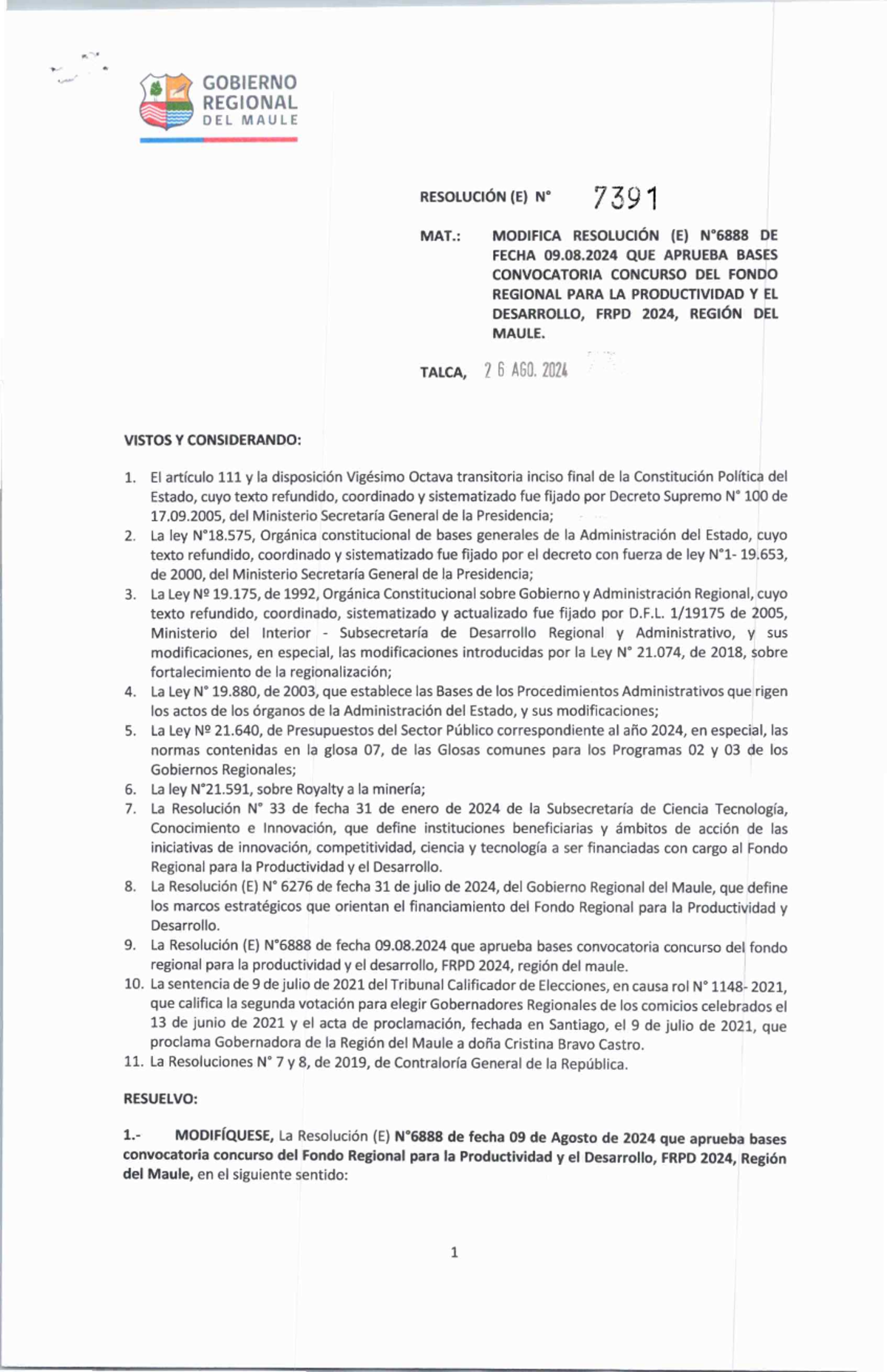 Resolución (E) 7391: Modificación a la Convocatoria FRPD 2024, Maule ...