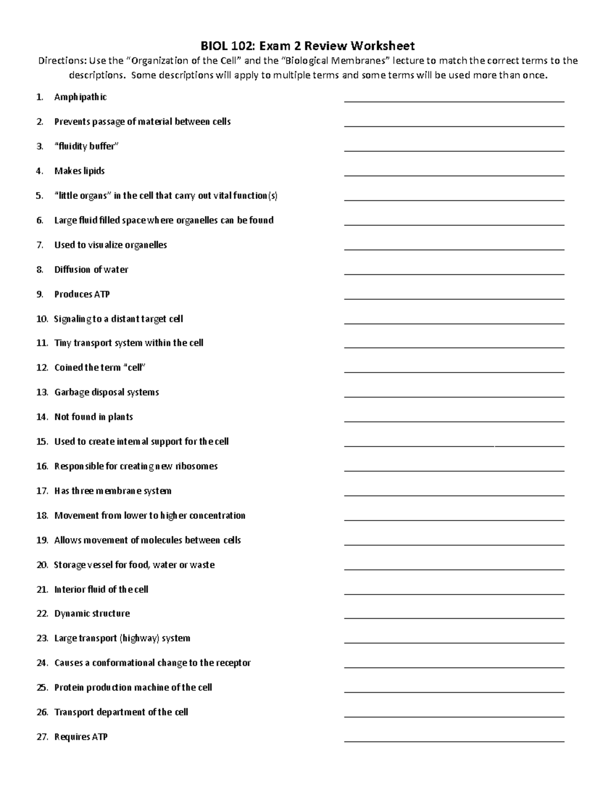 BIOL 102: Exam 2 Review Worksheet on Cell Org. & Membranes - Studocu