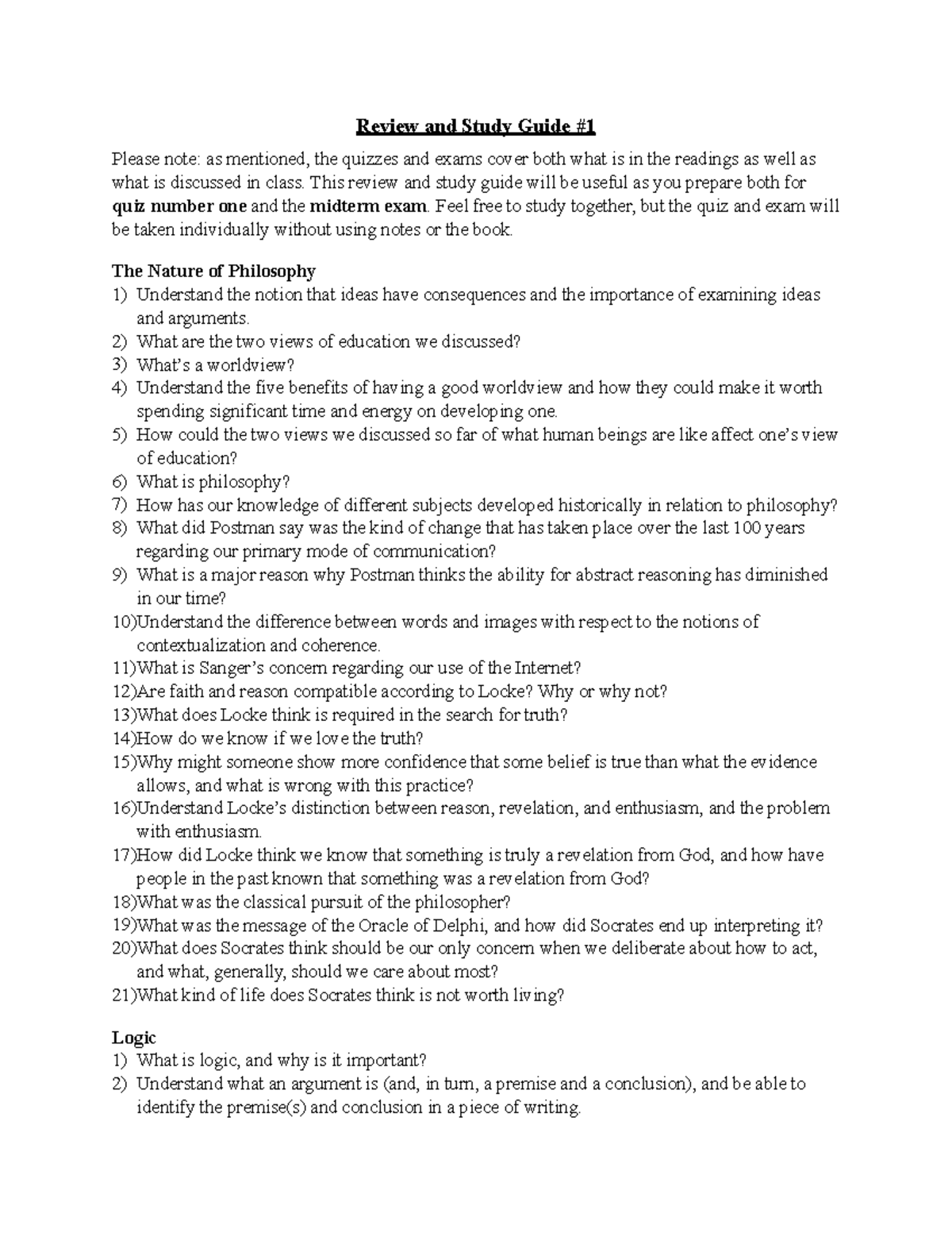 Philosophy 101: Review & Study Guide for Midterm Exam #1 - Studocu