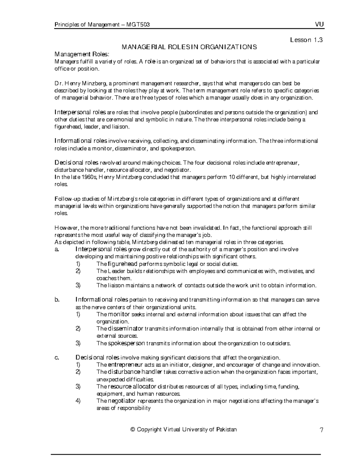 Managerial Roles Overview – Principles of Management MGT503 VU - Studocu