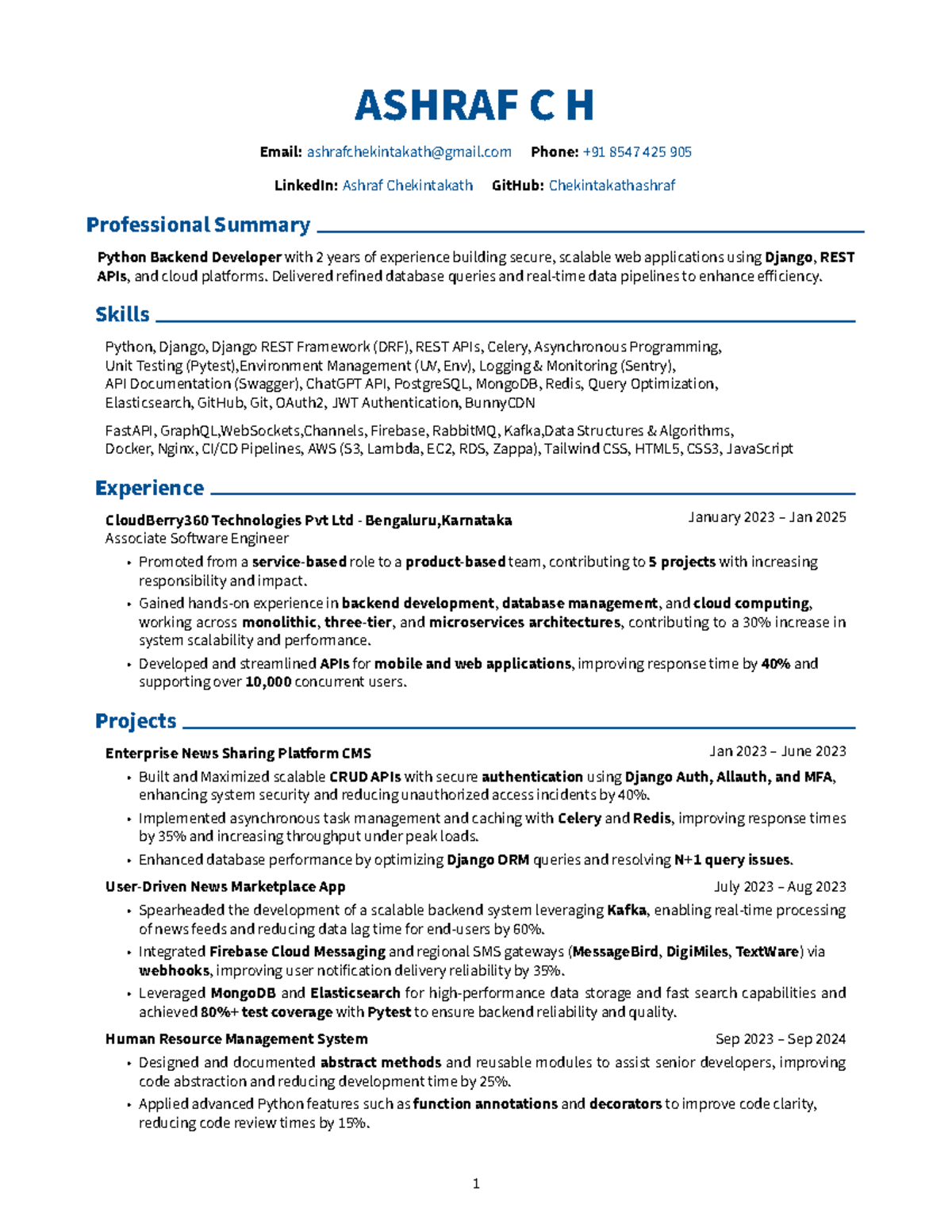 ASHRAF C H - Python Backend Developer Profile & Experience Summary ...