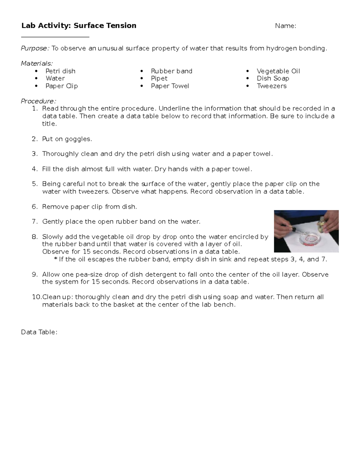Lab Activity Surface Tension - Materials: Petri dish Water Paper Clip ...