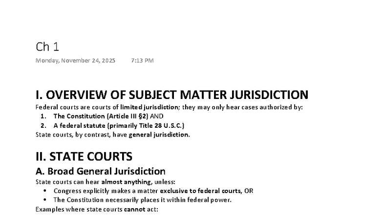 Ch 1 - Civ Pro: Overview of Subject Matter Jurisdiction - Studocu