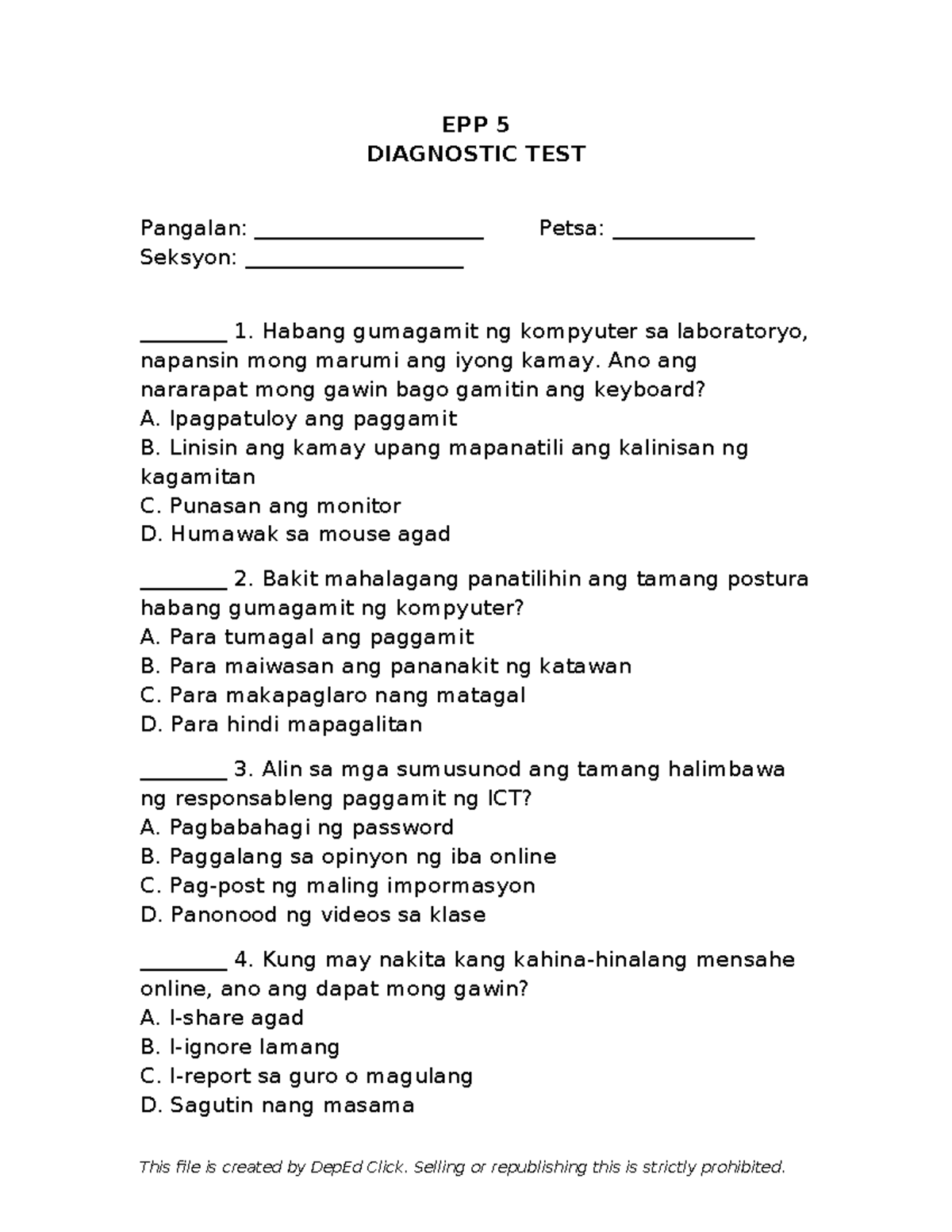 Grade 5 EPP Diagnostic Test: Key Concepts and Questions - Studocu