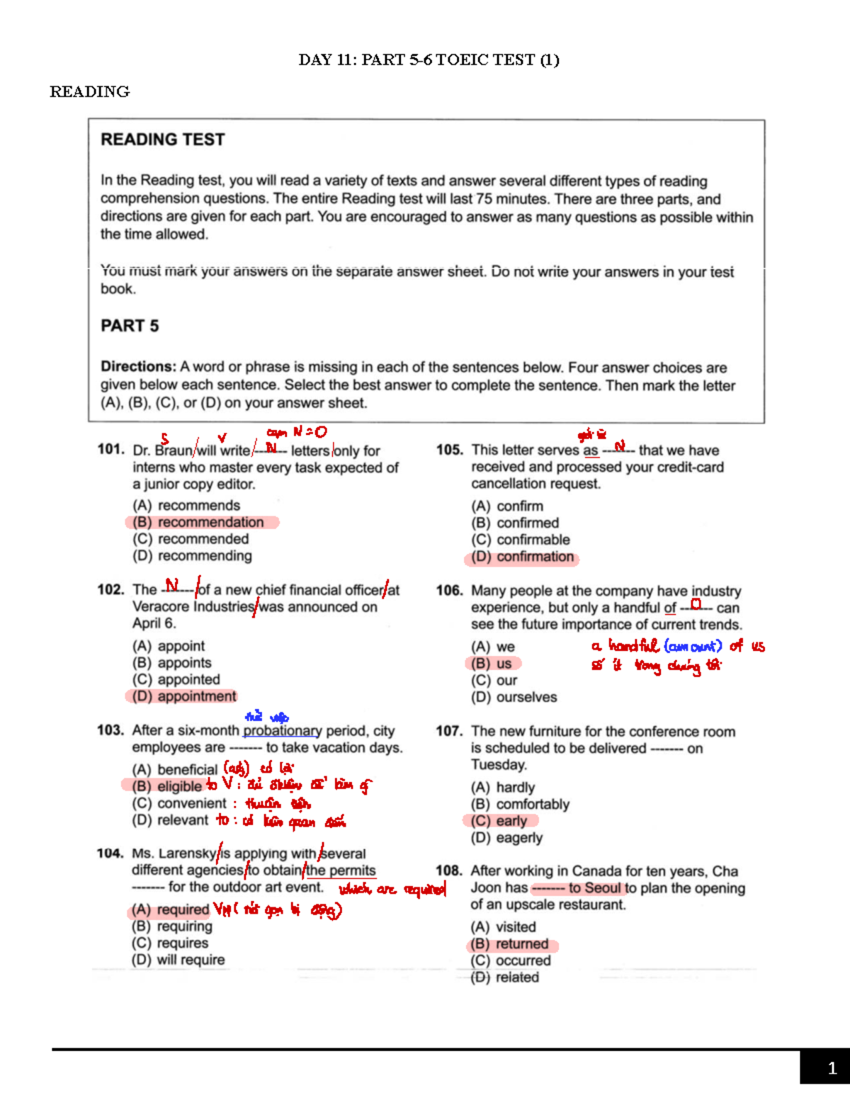 DAY 11: TOEIC TEST (1) READING HOMEWORK & NOTES - Studocu
