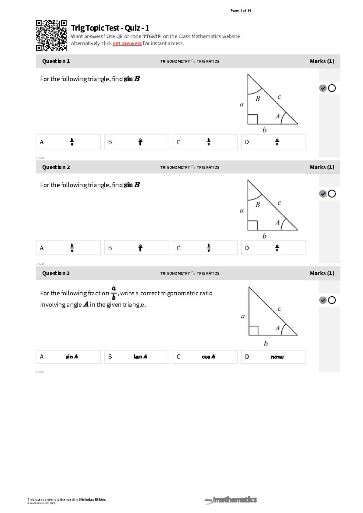 TRIG 20544-20563 Topic Test Quiz: Trigonometry Ratios & Angles - Studocu