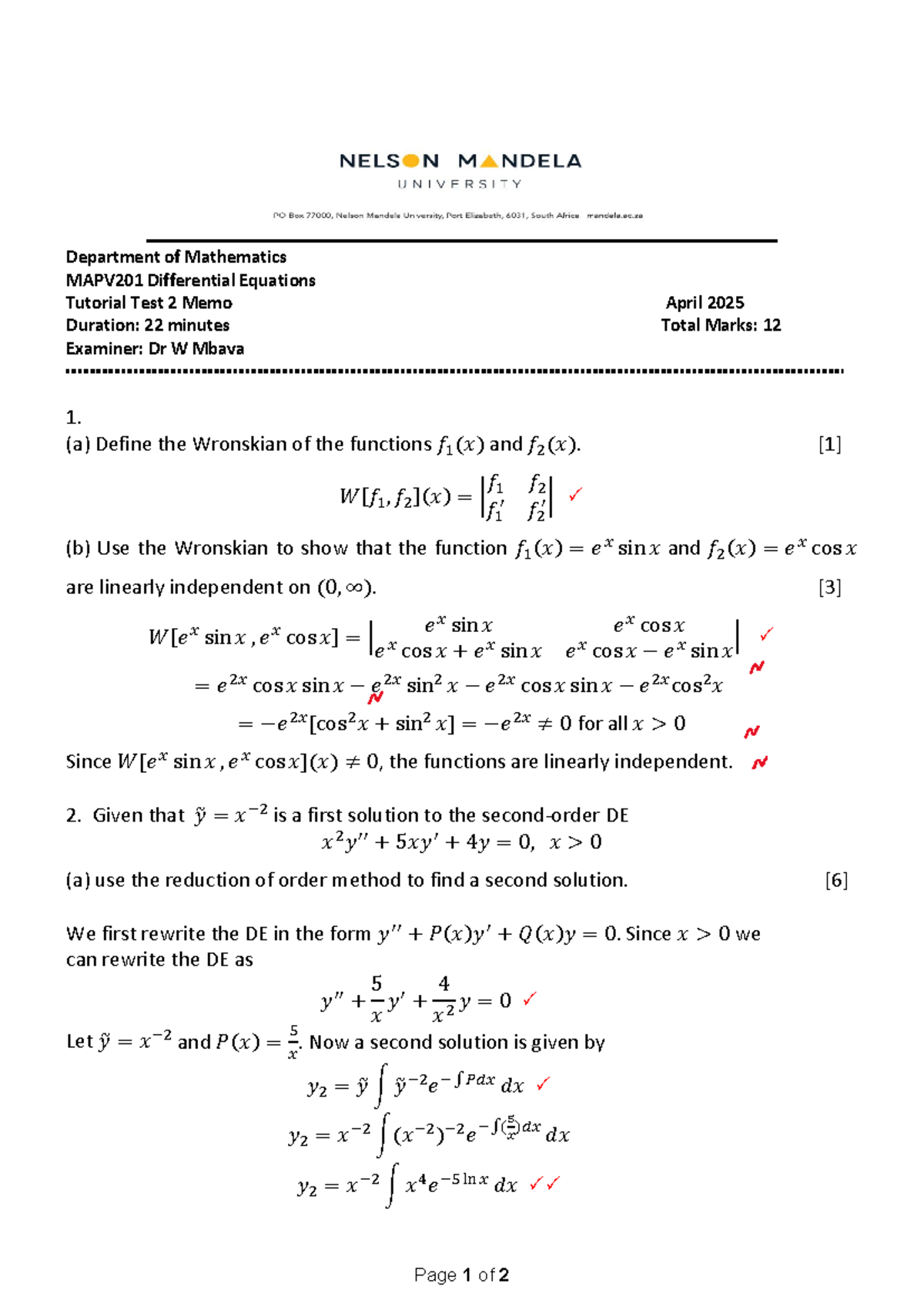MAPV201 Differential Equations Tutorial Test 2 Memo 2025 - Studocu