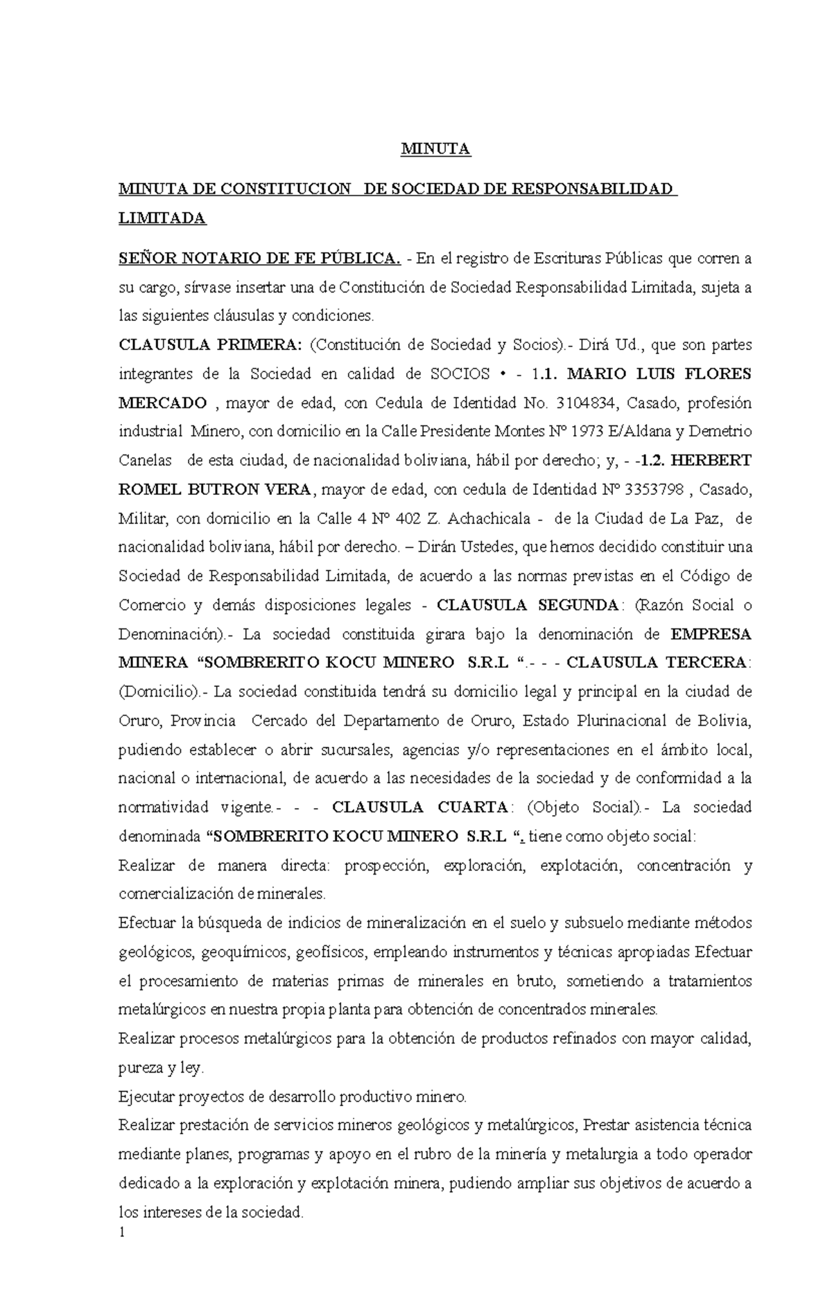 Minuta de Constitución de Sociedad KOCU MINERO S.R.L. - Modelo Legal - Document Preview