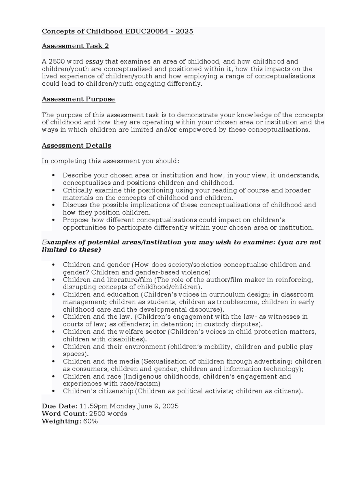 Concepts of Childhood in EDUC20064: Assessment Task 2 Essay Analysis ...
