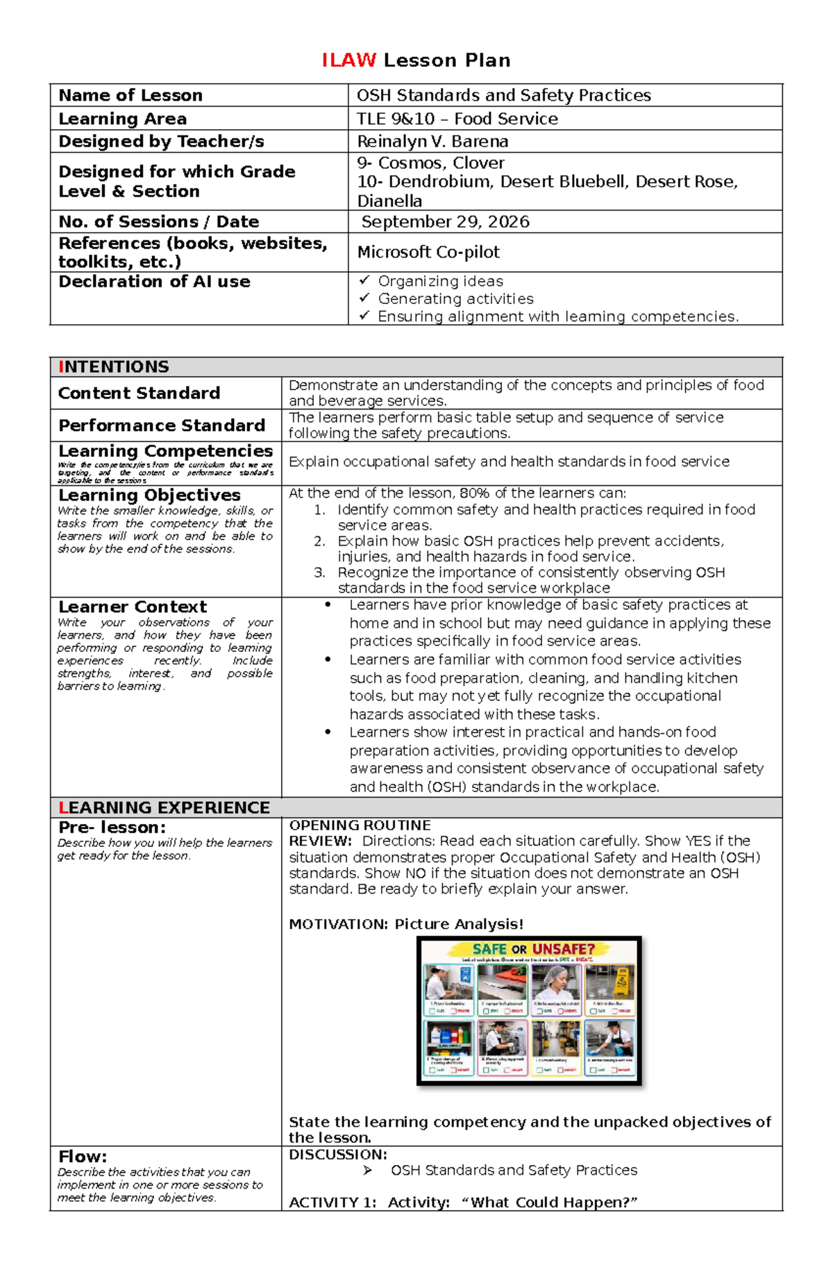 ILAW Lesson Plan: OSH Standards in Food Service (LC3 Session 2) - Studocu