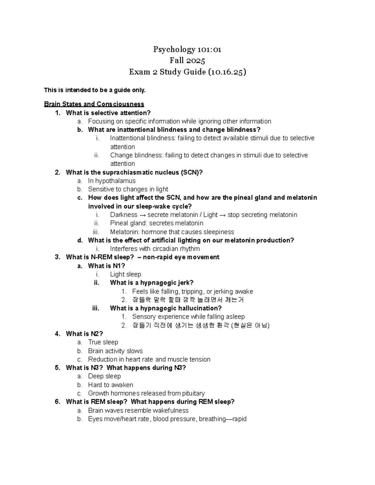 Psychology 101:01 Fall 2025 Exam 2 Study Guide on Brain States ...