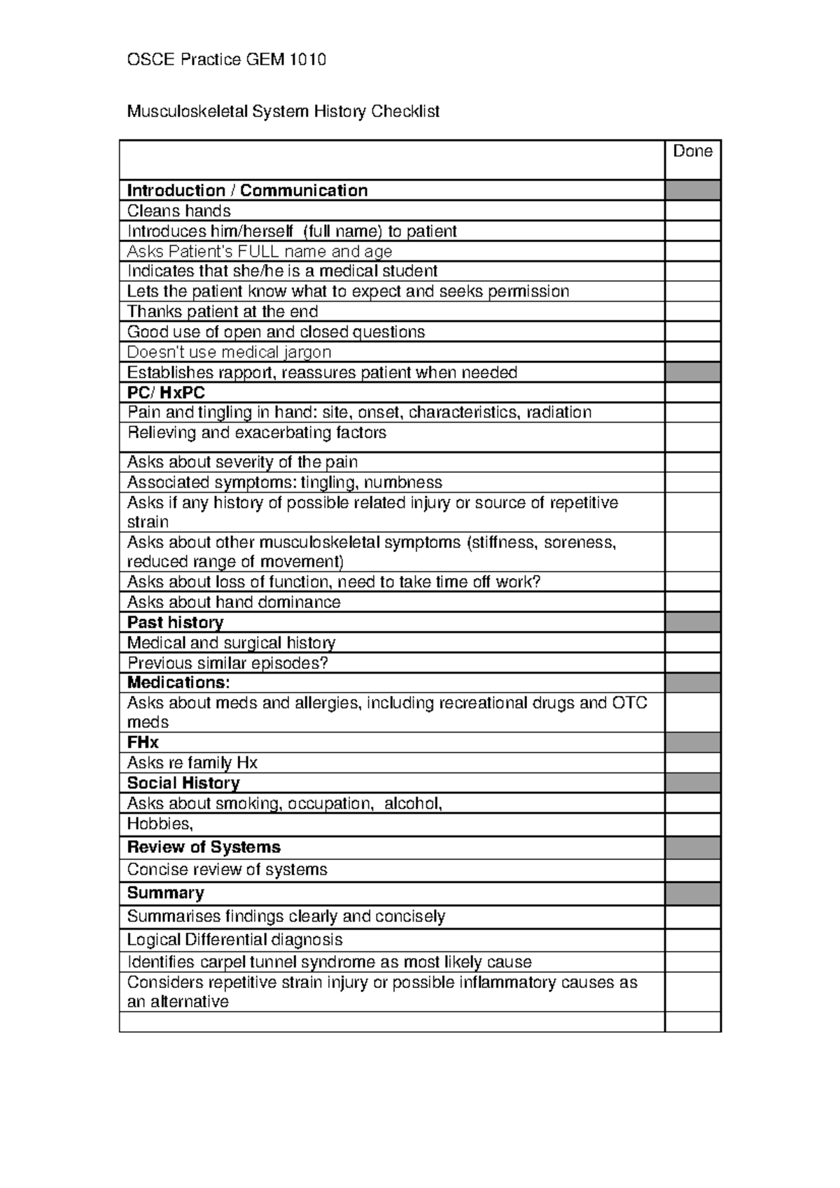 Practice OSCE MSK History Checklist - GEM 1010 Study Guide - Studocu
