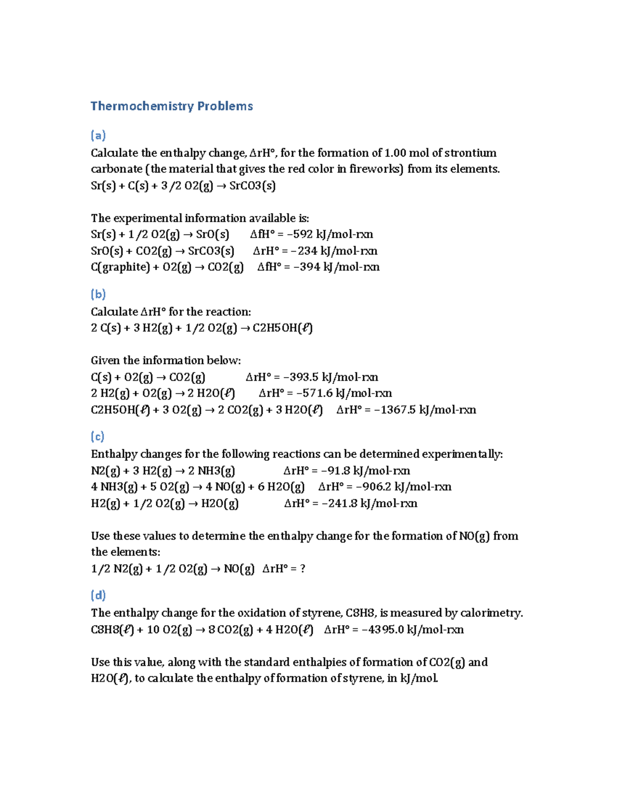 Thermochemistry Problems: Enthalpy Calculations and Reactions - Studocu