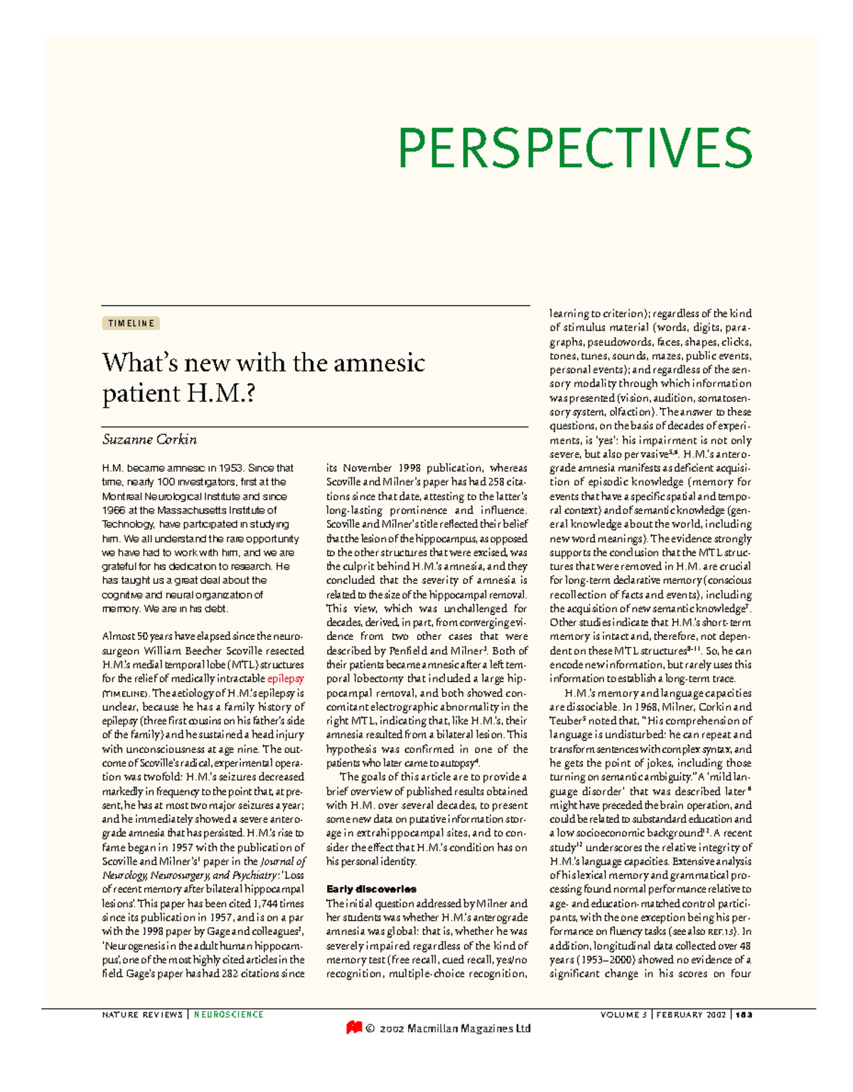 Corkin 2002: Perspectives on H.M.'s Amnesia and Memory Research - Studocu