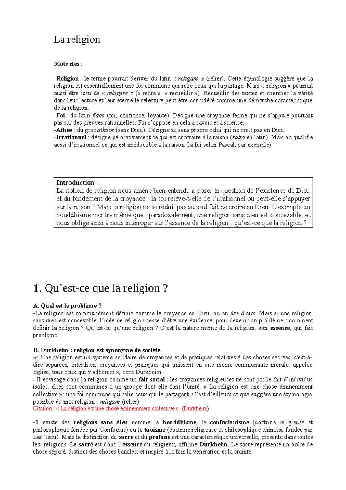 La religion en philosophie : Analyse pour le bac - Cours résumé - Studocu