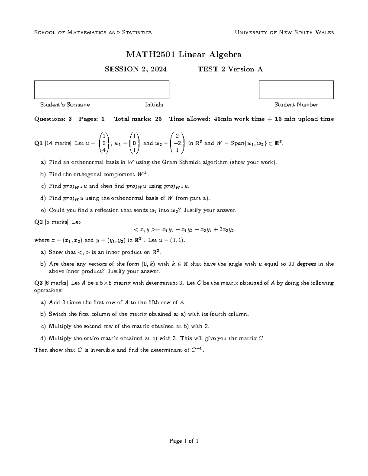 MATH2501 Test 2A - Linear Algebra Practice Exam 2024 - Studocu