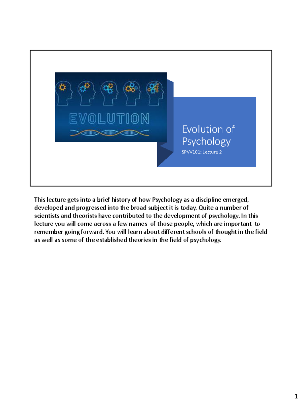 Lecture 2 Chapter 1 - Evolution of Psychology SPVV101: Lecture 2 This ...