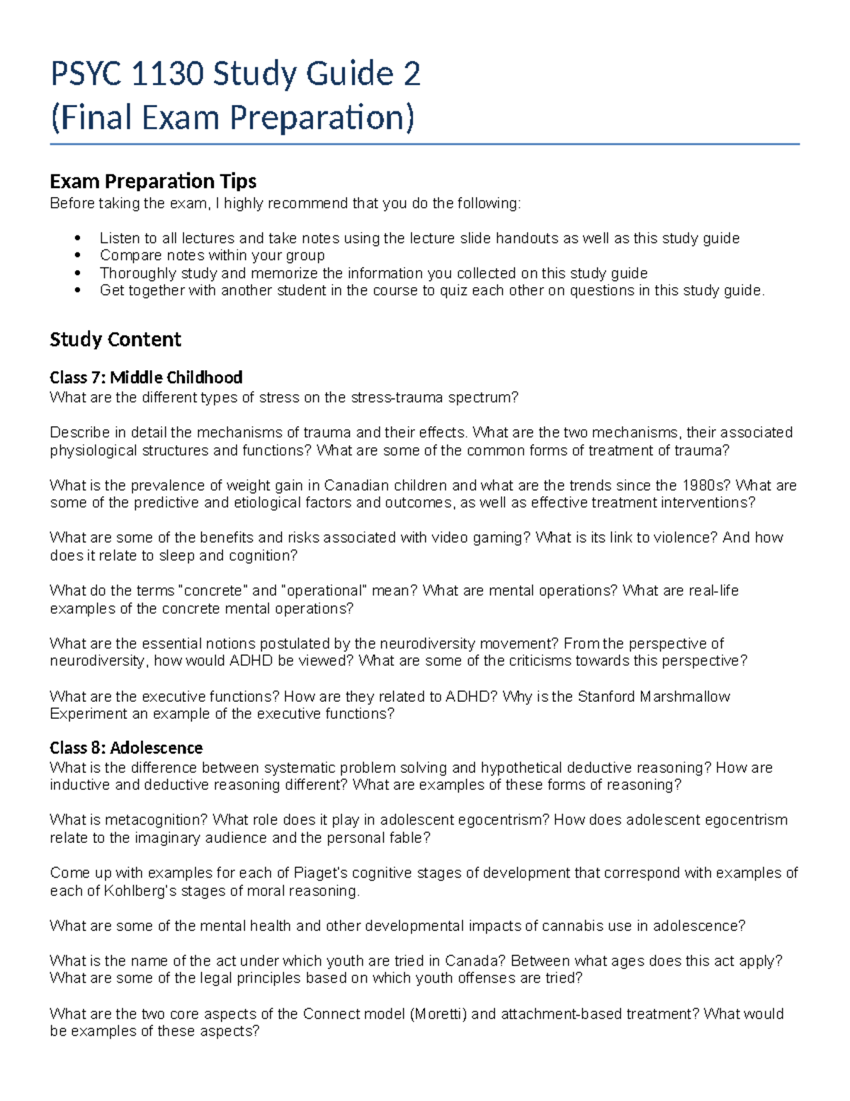 PSYC 1130 Study Guide 2: Final Exam Preparation Strategies and Content ...