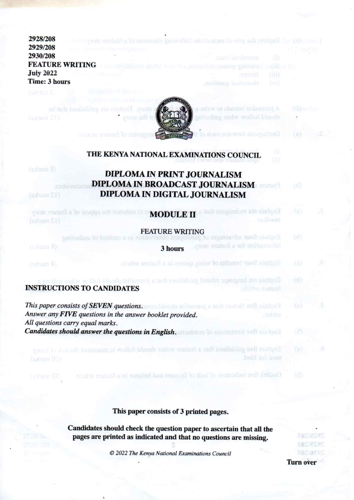 Feature Writing Exam Paper - JULY 2022 (Diploma in Journalism) - Studocu