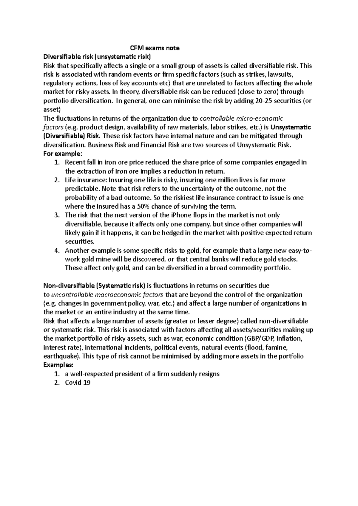 CFM Exam Notes: Diversifiable vs. Non-Diversifiable Risk Analysis - Studocu