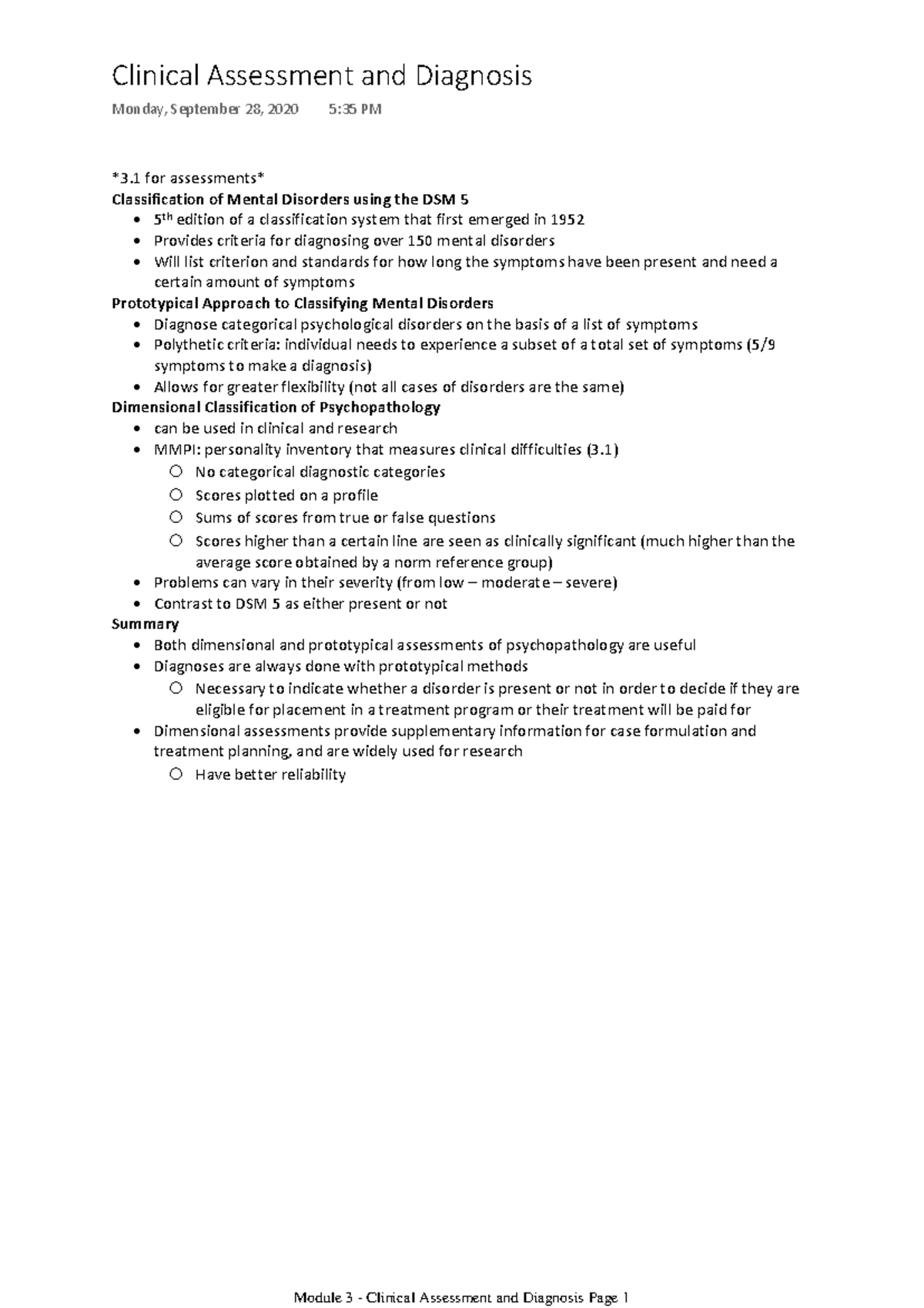 Module 3 - Clinical Assessment & Diagnosis Study Notes - Studocu