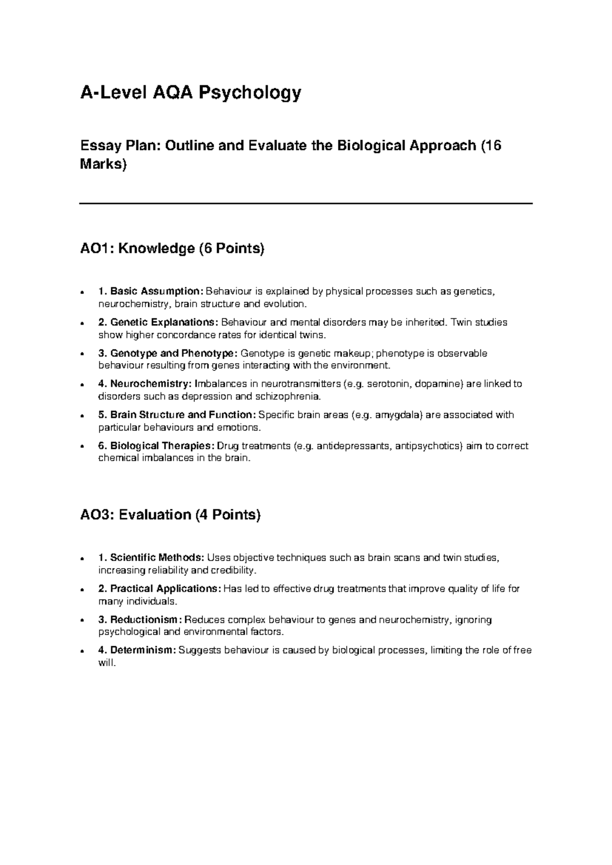AQA Psychology Essay Plan: Evaluating the Biological Approach (16 Marks ...