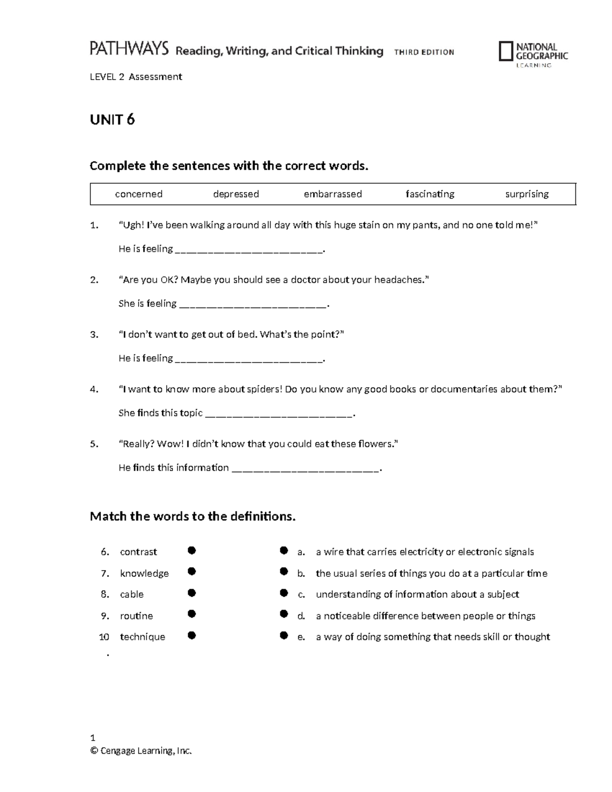 Pathways RW 3e L2 Assessment Unit 06: Complete the Sentences and Match ...