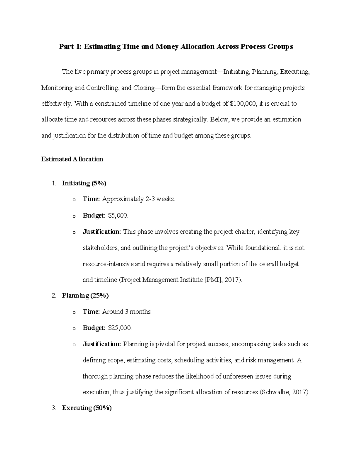 ITM5200 Assignment 2 - Part 1: Estimating Time and Money Allocation ...