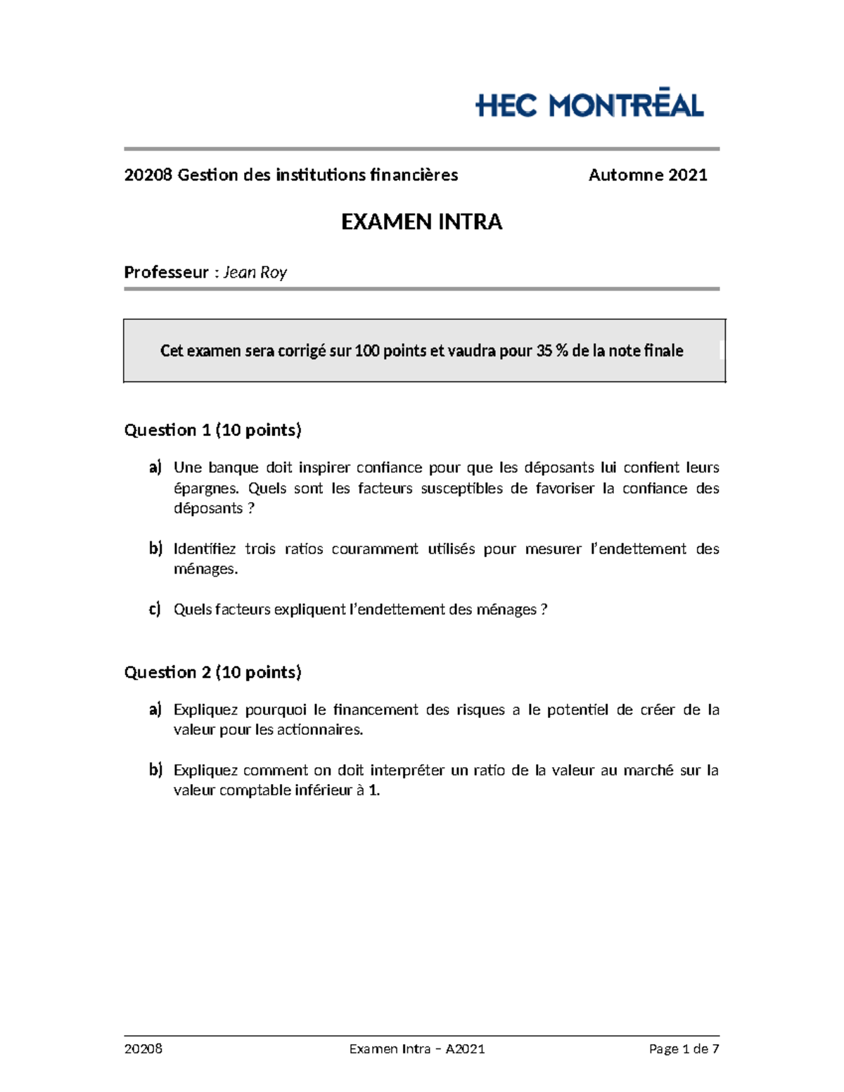 20208 Examen Intra Automne 2021 - Gestion des Institutions Financières ...