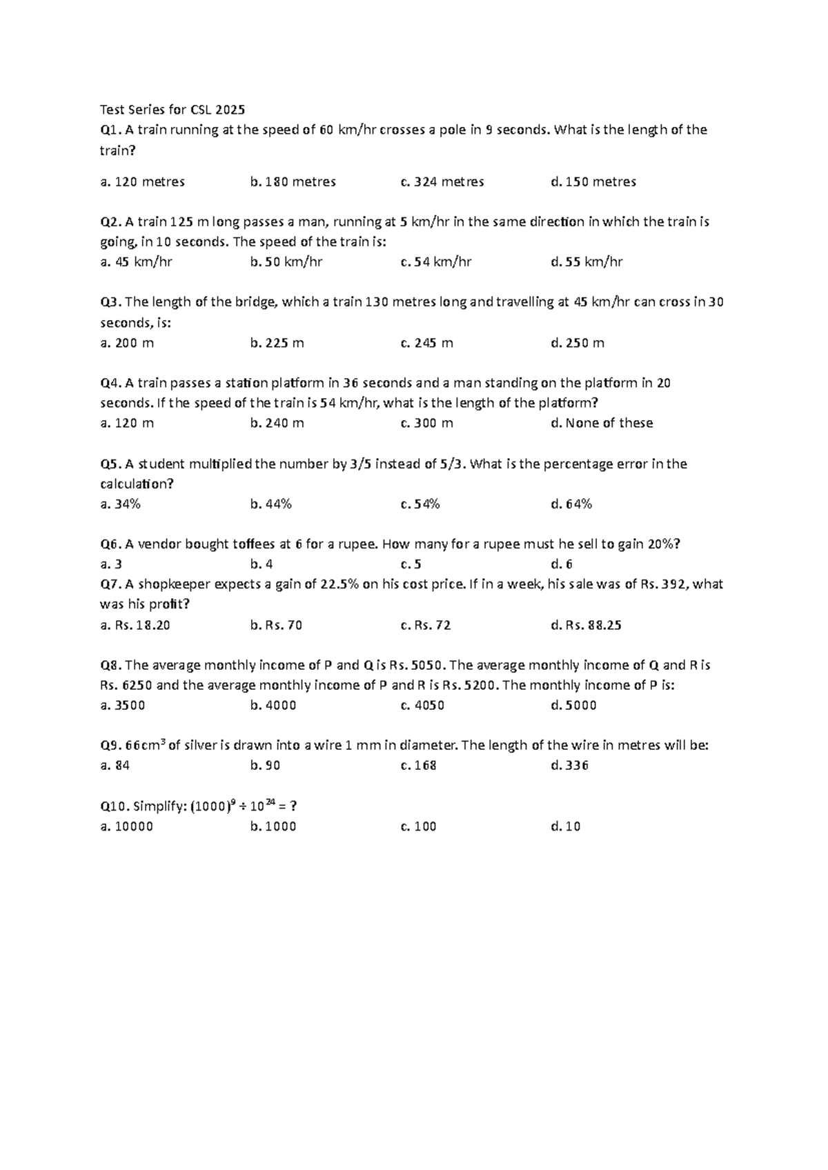 Test Series 2 for CSL 2025 - Practice Questions and Solutions - Studocu