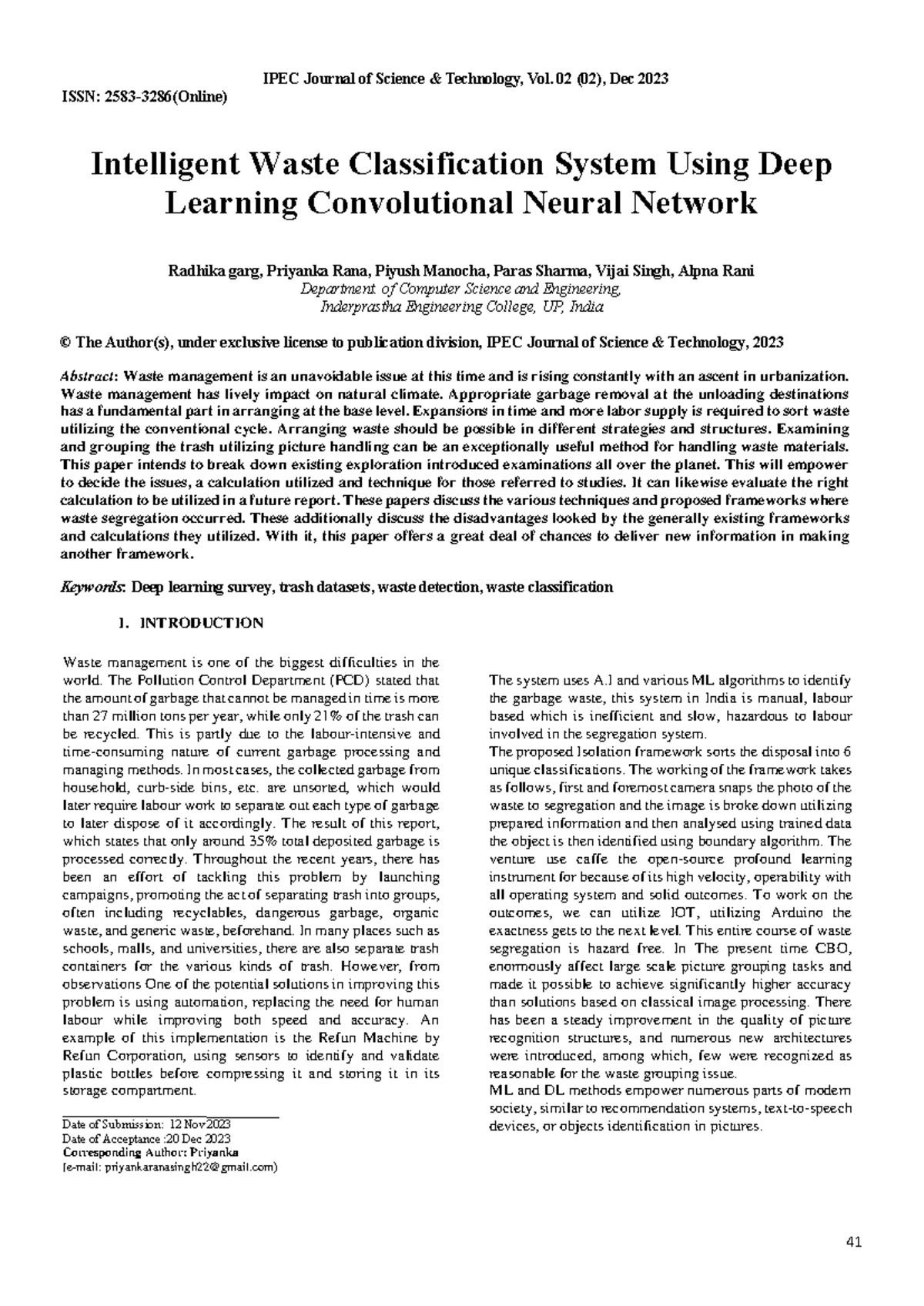 Intelligent Waste Classification Using Deep Learning: IPEC JST Vol. 02 ...