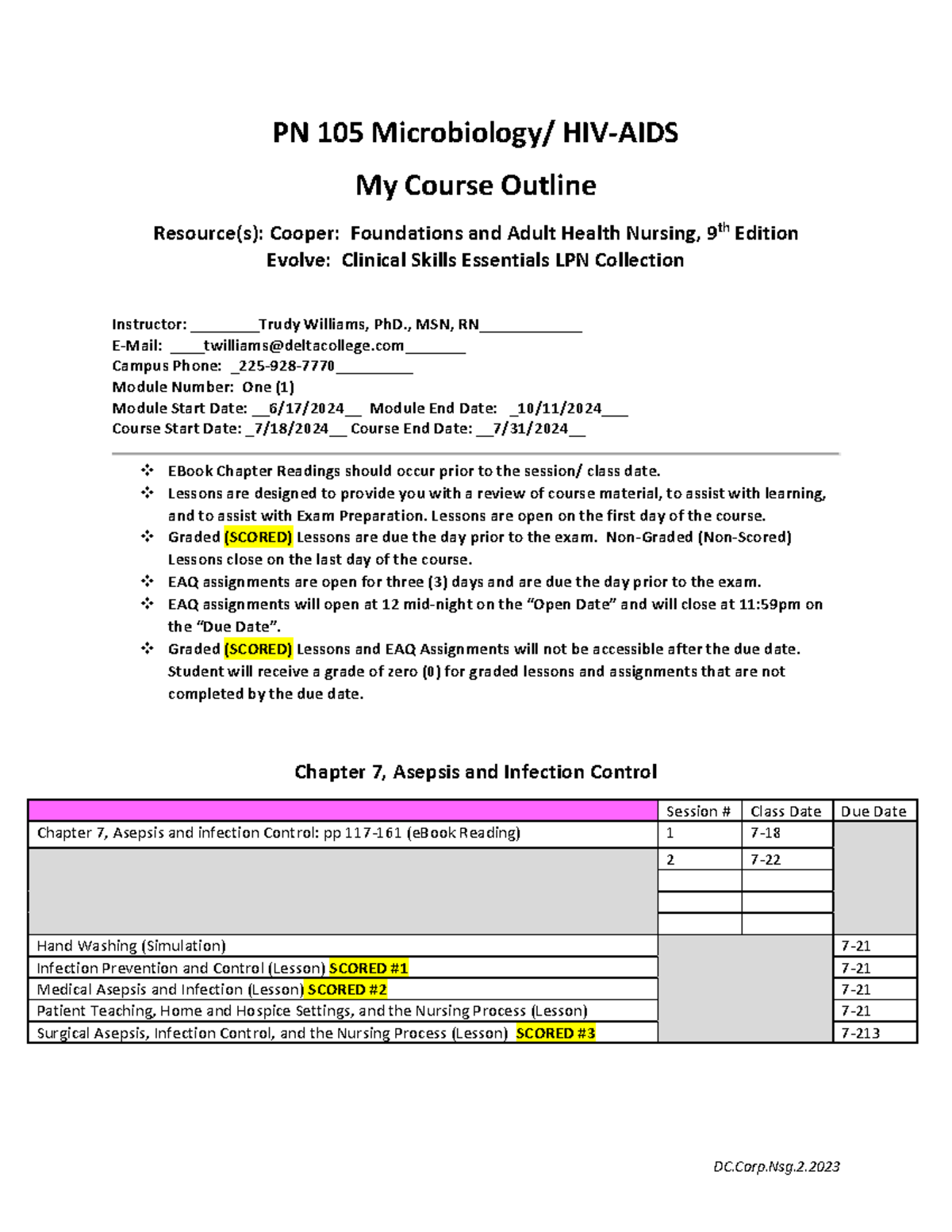 PN 105 Microbiology. HIV-AIDS Course Outline. 07.18.24. T.Williams - BR ...