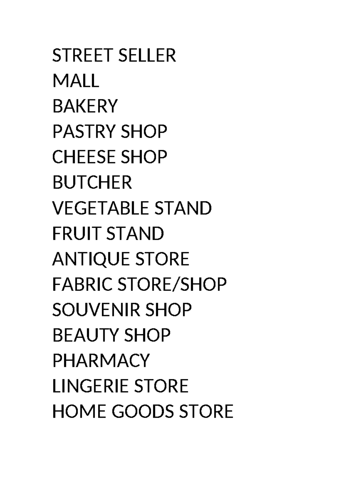 Store Words - STREET SELLER MALL BAKERY PASTRY SHOP CHEESE SHOP BUTCHER ...