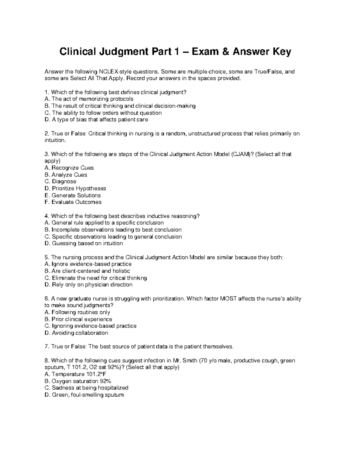 NUR 111 Clinical Judgment Part 1 Exam Answer Key and Rationales - Studocu