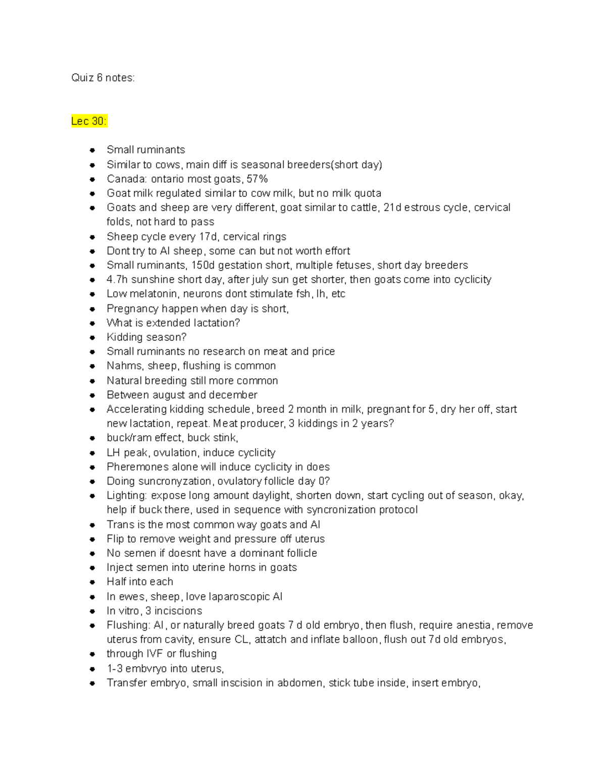 Quiz 6 Notes: ANSC 3040 - Reproductive Physiology of Small Ruminants ...