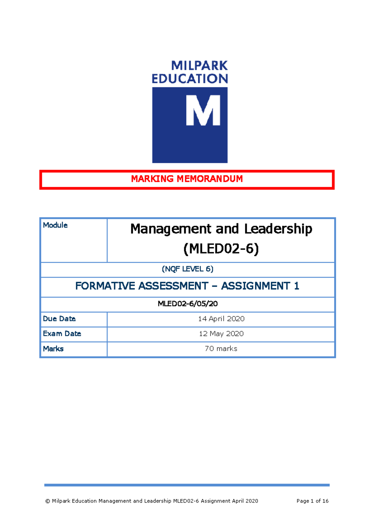 MLED02-6 Management and Leadership Formative Assessment Memo - Studocu
