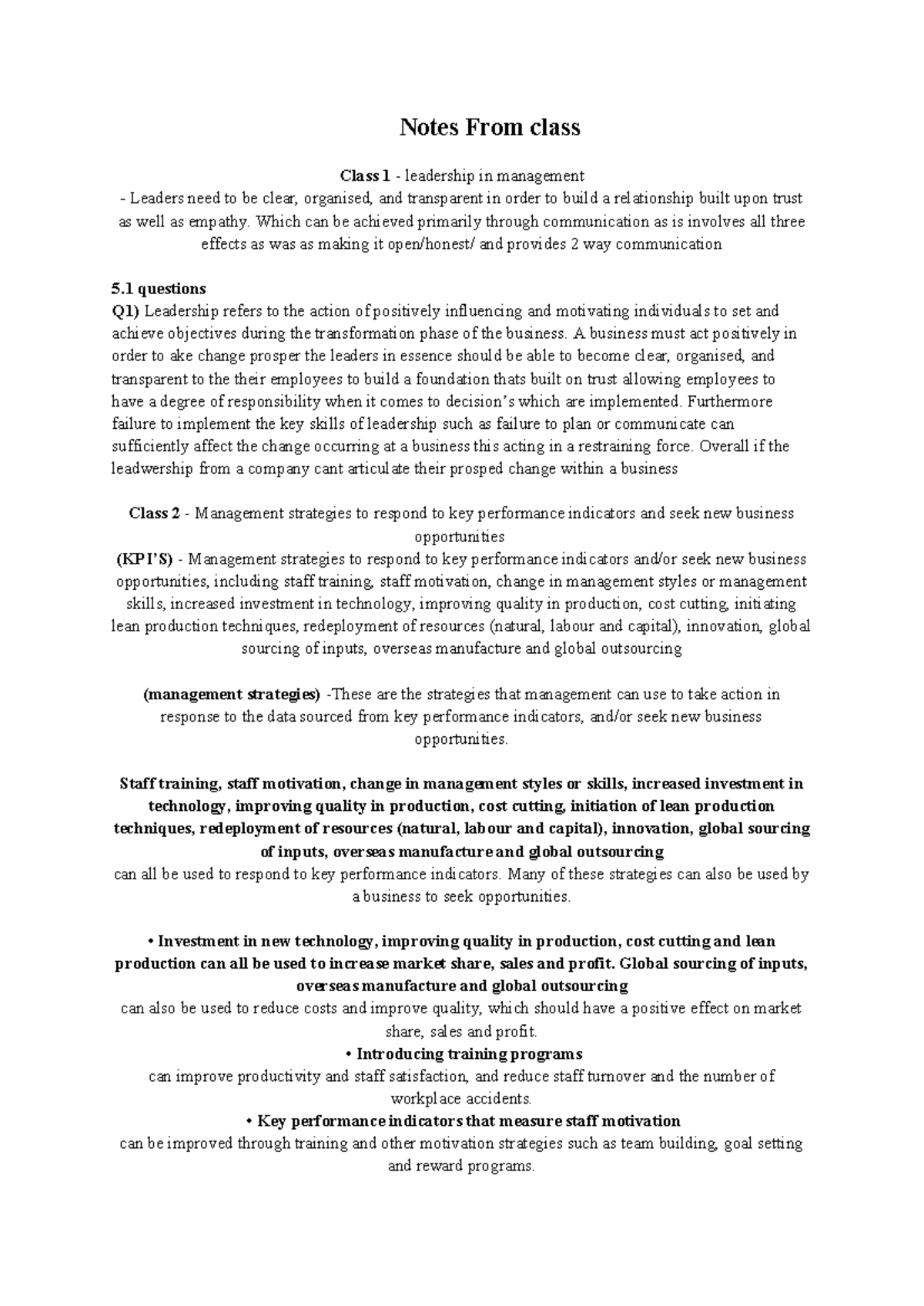 Class 1 & 2 Leadership and Management Strategies Notes - Studocu