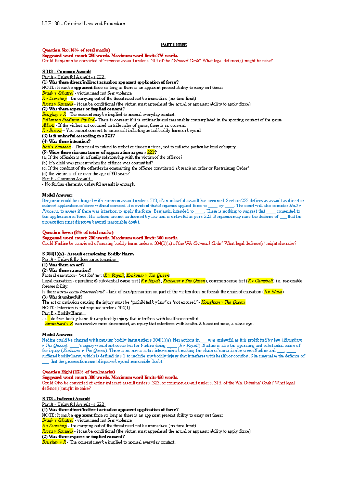 Answer Guide - Part 3 - exam notes - LLB130 - Criminal Law and ...