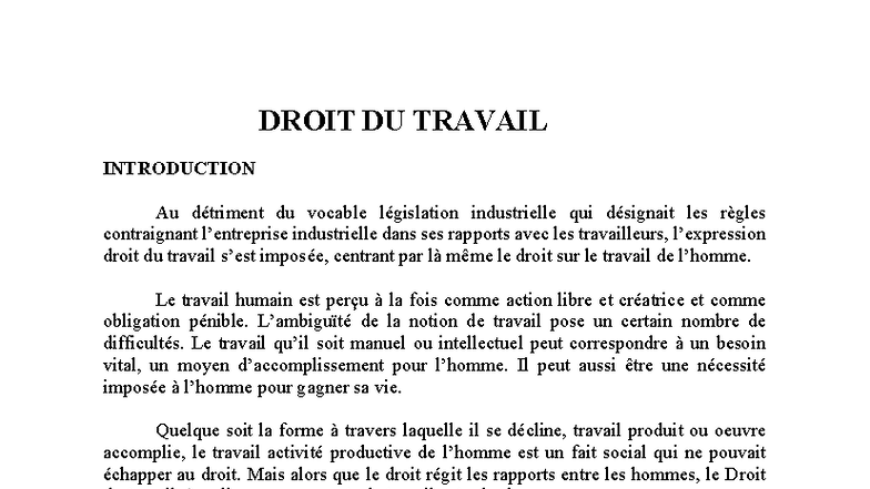 Cours de Droit du Travail : Introduction et Concepts Fondamentaux - Studocu