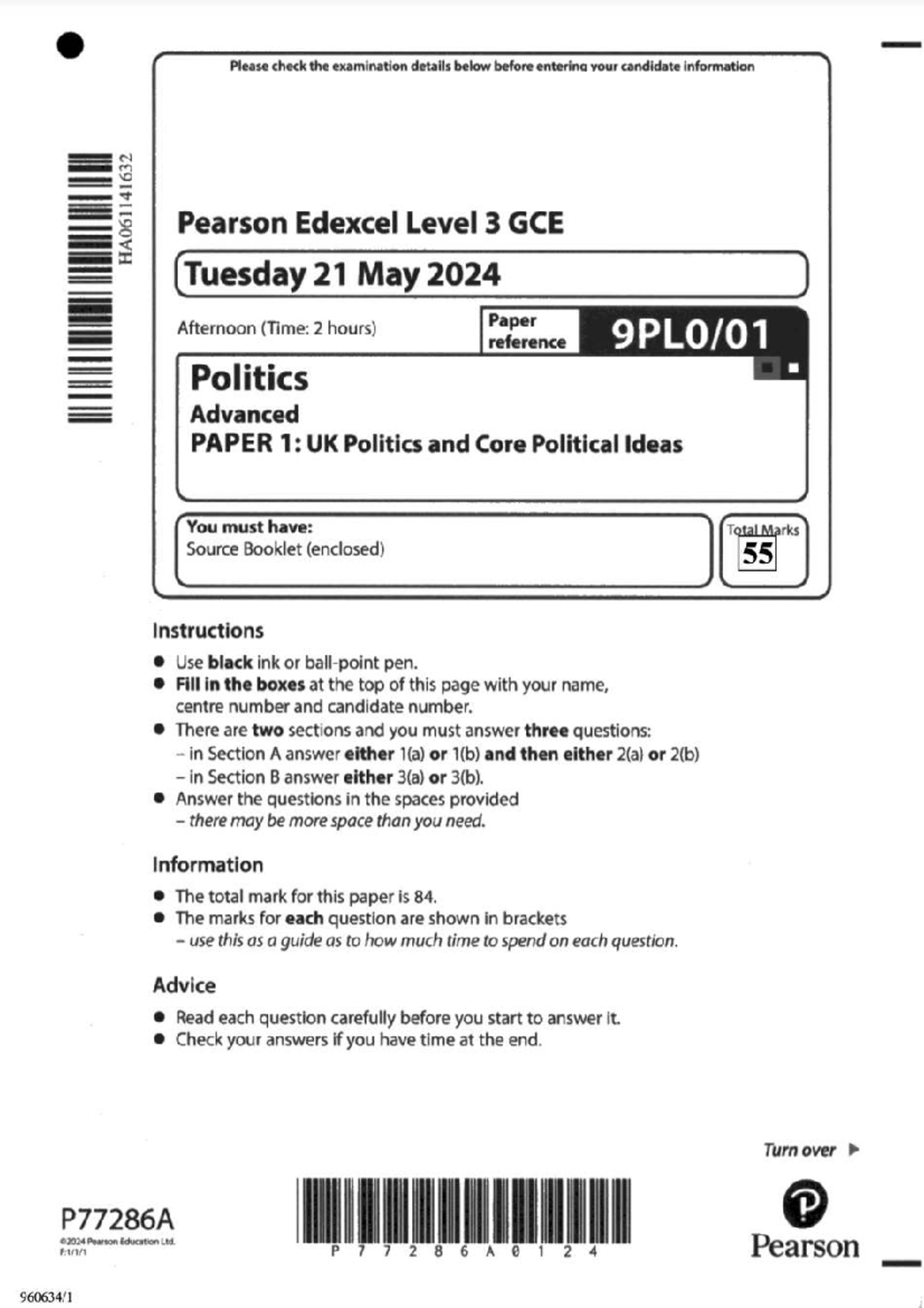 2024 Politics A Level Exam Paper 1: UK Politics & Core Ideas - Studocu