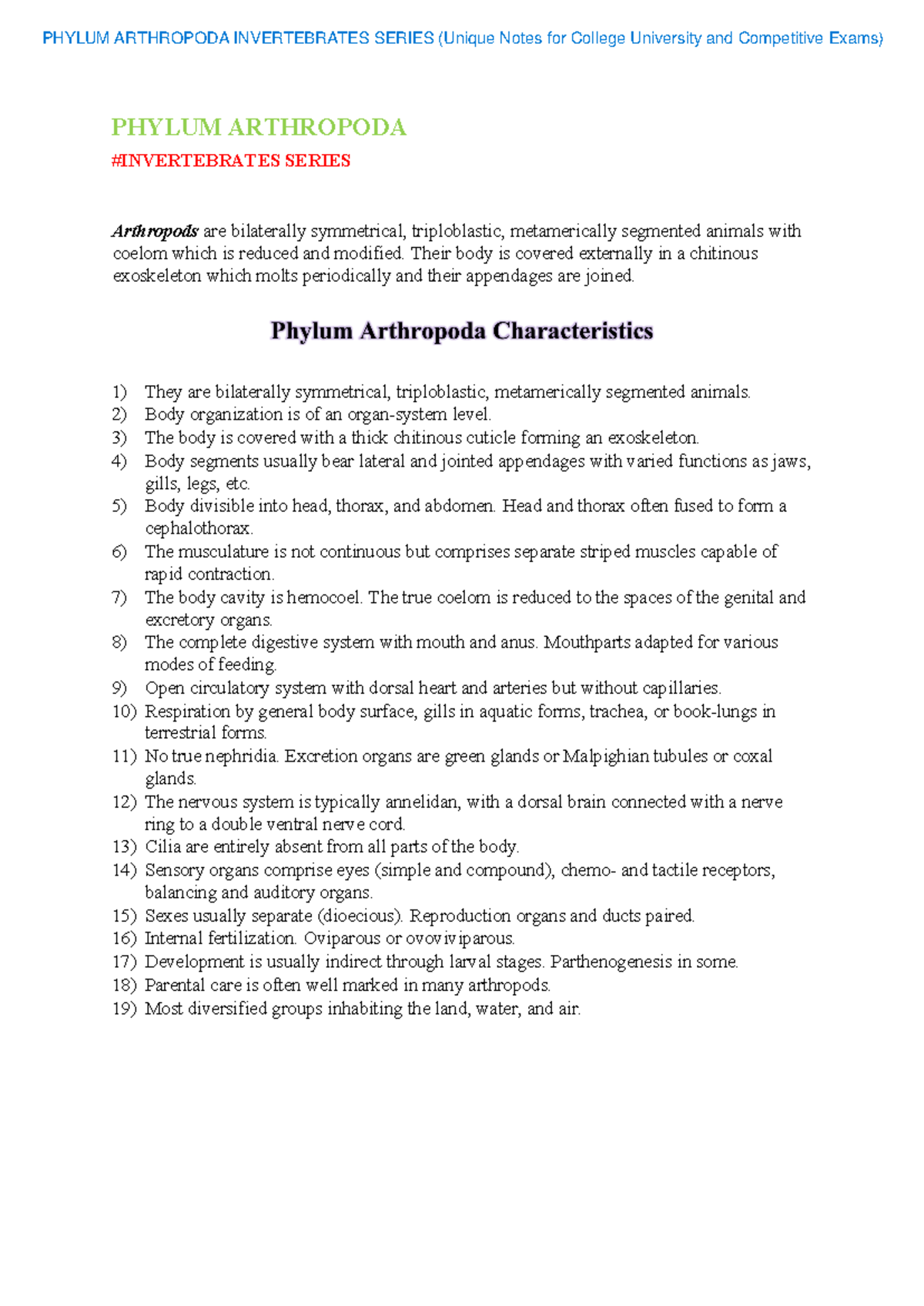 Phylum Arthropoda Invertebrates: Unique Notes for Exams & Study - Studocu