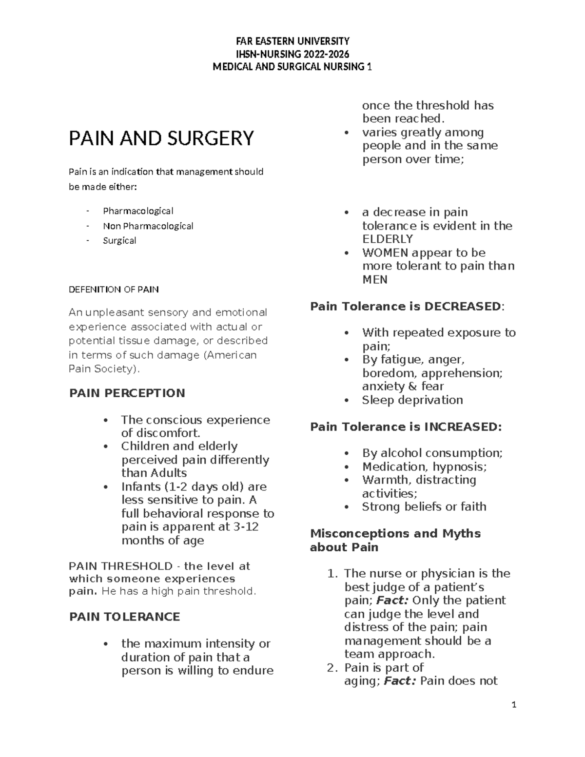 FAR EASTERN UNIVERSITY MEDICAL AND SURGICAL NURSING 1 PAIN AND SURGERY ...
