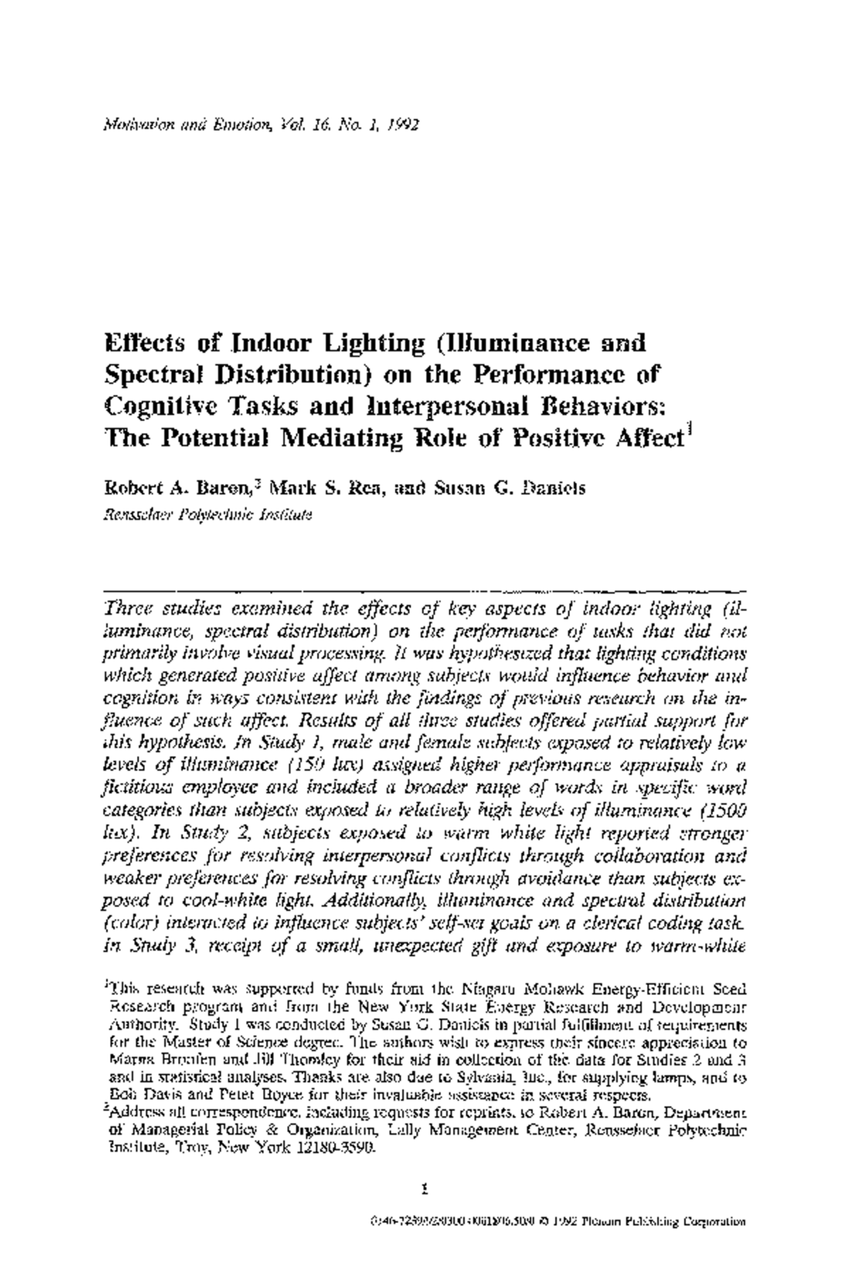 Effects of Indoor Lighting on Cognitive Performance and Interpersonal ...