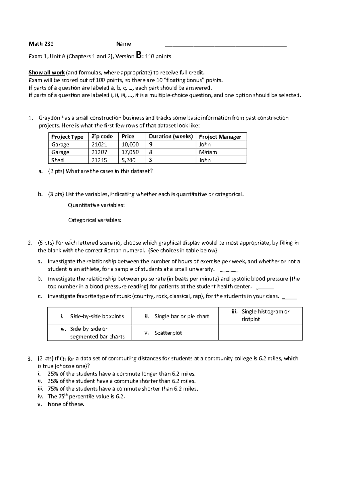 Math 231 Exam 1 Practice Exam - Unit A (Chapters 1 & 2) - Studocu