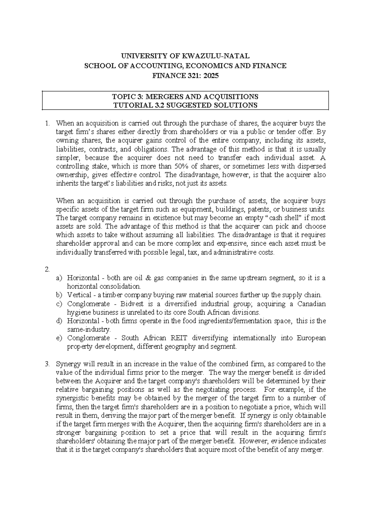 2025 FIN 321: Mergers & Acquisitions Tutorial 3.2 Solutions - Studocu