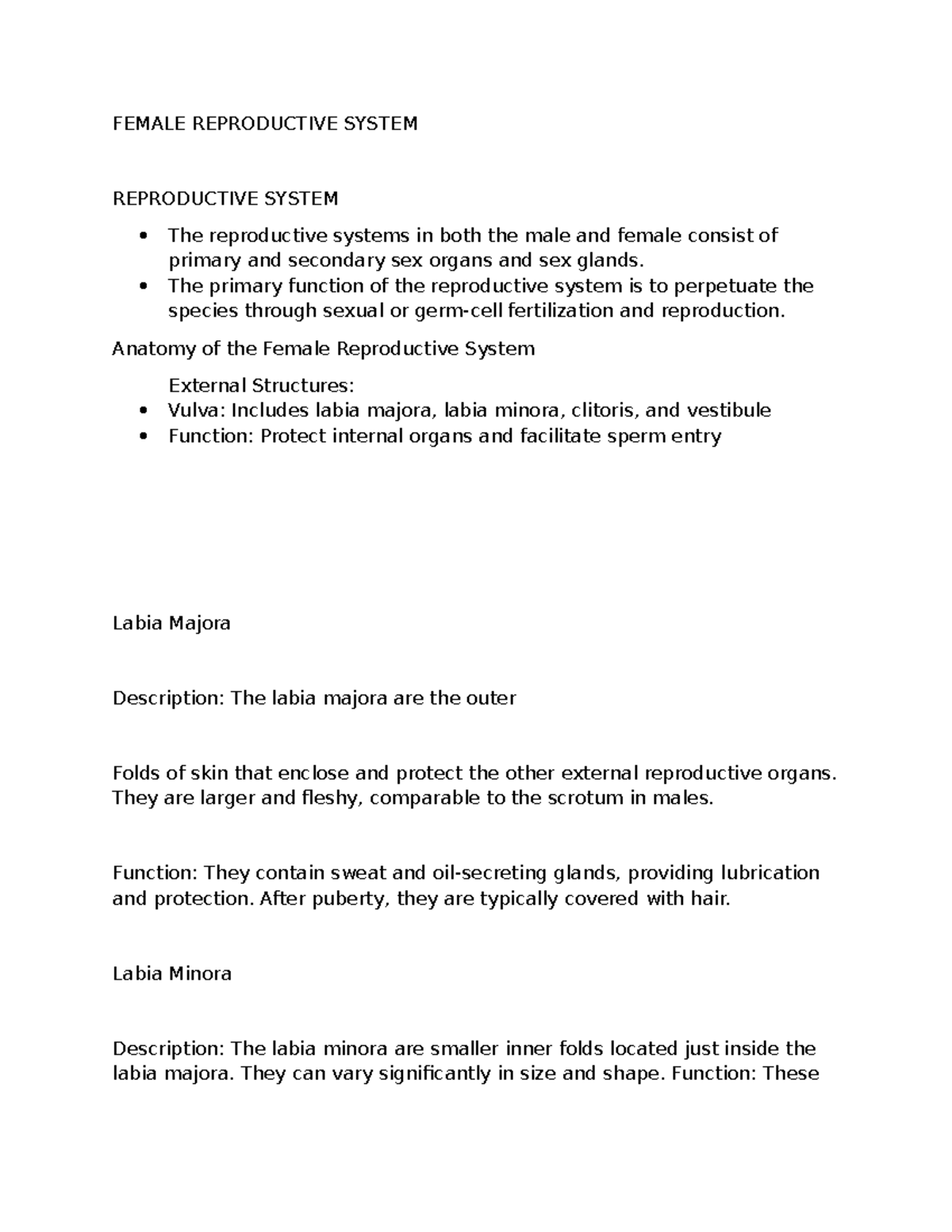 BIO 101: Anatomy and Functions of the Female Reproductive System - Studocu