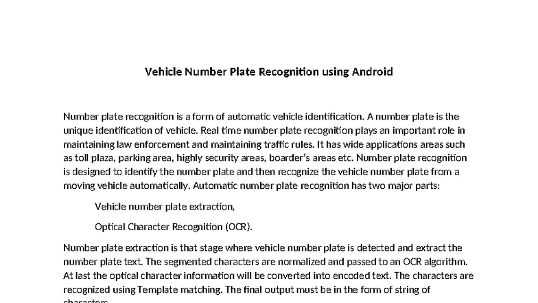 A119 - Vehicle Number Plate Recognition System Overview - Studocu